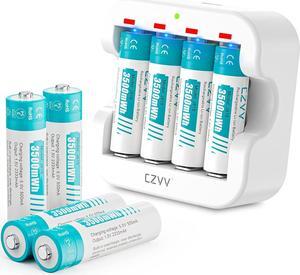 Rechargeable AA Lithium Batteries - Pre-Recharged 8 Pack with 2H Fast Charger for Household Devices, Long-Lasting High-Capacity 3500mWh, Cycle Times up to 1300x, Constant 1.5V for Security Camera