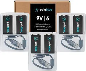 USB Rechargeable 9V Batteries (6-Pack) - 4500mWh Lithium Ion, 1000+ Charge Cycles, Includes (3) 2-in-1 USB-A to USB-C Charging Cables, LED Charge Indicator, 3.4 Hour Charge Time