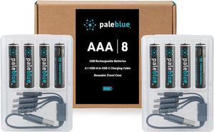 USB Rechargeable AAA Batteries by Pale Blue, Lithium Ion 1.5v 600 mAh, Charges Under 1 Hour, Over 1000 Cycles, 4-in-1 USB-A to USB-C Charging Cable, LED Charge Indicator, 12-Pack