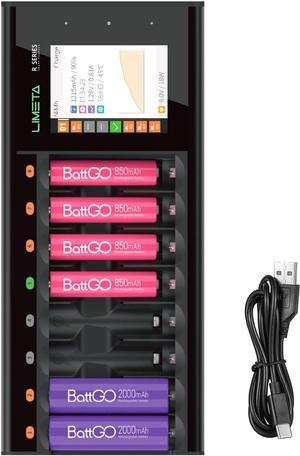 8 Bay AA AAA Battery Charger, LCD Display USB Fast Charging, Discharg Function, Over-Charge Protection for Household Rechargeable Batteries LiHv Ni-MH Ni-Cd LiFePO4 Li-ion