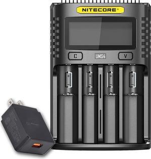 UMS4 ligent USB Four Slot Quick Battery Charger for Li-Ion/Ni-MH/Ni-Cd/IMR 16340 14500 18650 21700 20700 AA AAA and More Batteries, with LumenTac QC3.0 Charging Adapter