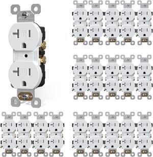 Duplex Electrical Receptacle Outlets, 20Amp 125V Wall Outlet, Residential, TR, 3-Wire, Self-Grounding, UL Listed, Push & Side Wire, White (50 Pack)