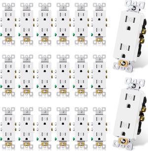 Decorator Wall Receptacle Outlet, Tamper Resistant 15 Amp Standard Electrical Wall Outlet, Residential Grade, Self-grounding, 125V, 2 Pole 3 Wire, 5-15R, UL Listed, Glossy White, 50 Pack