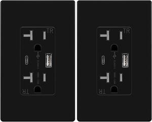 USB Outlet, Type C Wall Charger 15 Amp TR Receptacle Plug, Charging Power Outlet with Ports, Electrical Socket, UL Listed, TU21536AC-W-6PCS, White, 6 Pack