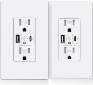 5 Pack GaN 65W USB C Wall Receptacle for Laptop, 15A High Speed Charging Power Outlets with USB Ports, Type C Supports PD 3.0 & PPS, Type A Supports Quick Charger 3.0, UL Listed, White