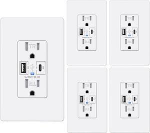 30W PD 3.0 USB C Wall Outlet, 15 Amp Tamper-Resistant Receptacle Outlet with Type C & Type A Ports, Quick Charging Electrical Outlet, Screwless Wallplate Included, UL Listed, 5 Pack, White