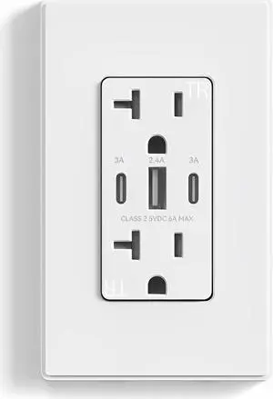 USB Outlets, 30W 6.0 Amp USB C Outlets Receptacles, 3-Port USB Wall Outlet, 20 Amp Tamper-Resistant Outlet with 2 USB C Ports, UL Listed, Screwless Wall Plate Included, 6 Pack, Matte White