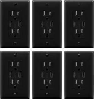 4A High Speed USB Wall Outlet Charger, 20Amp Tamper-Resistant Receptacle Plug, Charging Power Outlet with USB Ports, Electrical USB Socket, UL Listed, TU2204A-6PCS, White, 6 Pack