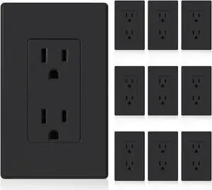 ELEGRP Matte Black Standard Decorator Electrical Wall Receptacle Outlet, 15A 125V, 2 Pole 3 Wire, Non- Tamper Resistant, NEMA 5-15R, Self-Grounding, Wall Plate Included, UL Listed, 10 Pack
