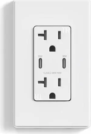 USB Outlet Receptacle, 30W Fast Charge & Power Delivery USB C Wall Outlet, 15 Amp Wall Outlet with USB Ports, Tamper Resistant, UL Listed, Wall Plate Included, 2 Pack, Matte White
