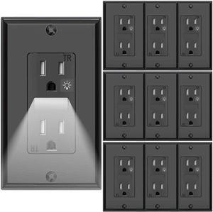 White Outlets Receptacles with Night Light,Decorator Electrical Tamper Resistant Wall Outlet 15 Amp 125Volt, Guide Light Outlet with Covers Wall Plate(10 Pack)