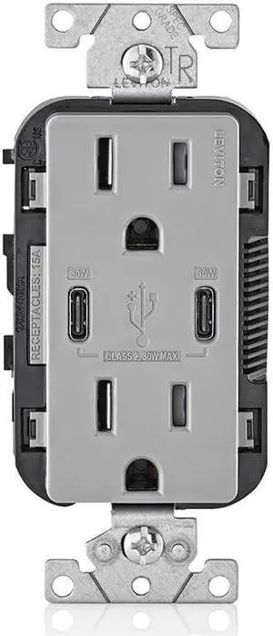 Leviton 30W (6A) USB Dual Type-C/C Power Delivery In-Wall Charger with 15A Tamper-Resistant Outlet, USB Charger for Smartphones, Tablets, Laptops, T5635-G, Gray