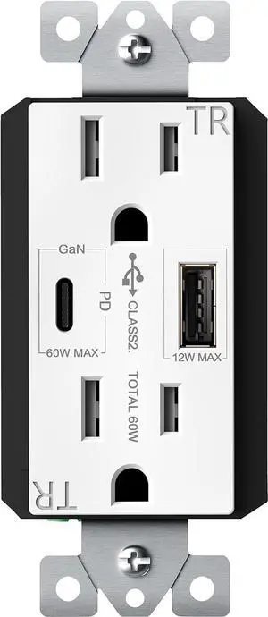 GaN PD USB Type C Wall Outlet Up to 65W ?????????? ????????????????,15A Duplex Tamper-Resistant Receptacles, USB Charger for Laptops, Tablets, Smartphones, TU215PD60AC-W, White