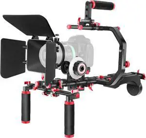 Shoulder Rig Kit for DSLR Cameras and Camcorders, Movie Video Film Making System with Matte Box, Follow Focus, C-Shaped Bracket, 15mm Rods, Handgrip, 1/4 & 3/8 Threads (Blue + Black)