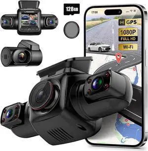 360 Degree View 4 Channel Dash Cam Front and Rear Inside Left Right, Dash Camera for Cars with CPL, Built-in GPS WiFi Night Vision, 24/7 Recording Parking Mode Monitor, Free 128G Card