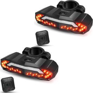 Bike Tail Light with Turn Signals and Brake Light Bike Horn Alarm with Remote, Built in Speaker/Light Sensor/Vibration Sensor, Smart Auto ON/Off Rechargeable Waterproof Rear Bike Light 2 PACK