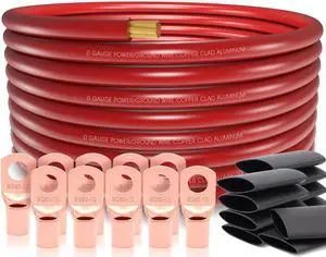 40FT 1/0 Gauge Wire Copper Clad Aluminum CAA,20pcs Lugs Terminal Connectors with 3:1Heat Shrink Tube for Power/Auto,Amplifier,Ground Cable Trailer Wiring