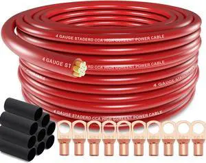 4 Gauge Wire (25ft Each - Red/Black) Copper Clad Aluminum CCA with Cable Cutter,Lugs Terminal Connectors and Heat Shrink Tube - Battery Power/Ground Cable,Car Audio Speaker,RV Trailer Amp Wiring kit