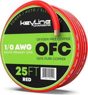 1/0 AWG Gauge Wire (25ft) Red | Oxygen Free Copper (OFC), Automotive Wire, Power/Ground, Battery Cable, True Spec Welding & Automotive, Car Audio Speaker, RV Trailer, Amp Wiring by Keyline Chargers