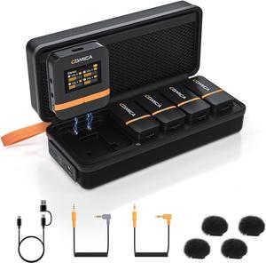 Vimo Q Wireless Lavalier Microphone System with 4 Transmitters and 1 Receiver, 4 Audio Tracks Individual Output, Noise Cancellation, 656' Range, Lav Mic for Camera, iPhone, Android, PC, etc