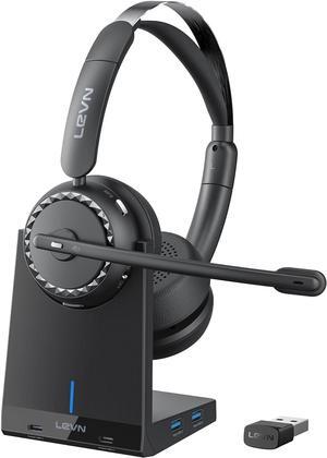 Wireless Headset, Wireless Headset with Mic for Work (AI Noise Cancelling), 4 USB Ports Hub, 65 Hrs Working Time, Bluetooth Headset with Microphone from Home/PC/Computer/Call Center/Teams/Zoom