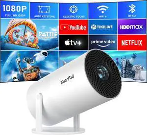 Mini Projector with Android System, XuanPad Portable Projector with WiFi 6 and Bluetooth, Auto Vertical Correction, FULL HD 1080P, 180°Rotatable Outdoor Movie Projector for Phone