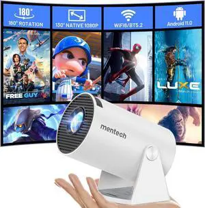 Mini Projector with WiFi and Bluetooth, 180° Rotatable Portable Projector, 130" Smart Projector with Android TV 11.0, 1080P Support 4K Decoding, 2.4G/5G WiFi6, Auto Keyston for Home Theater, White