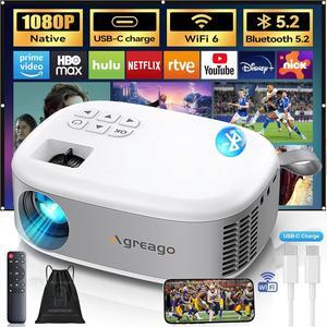 Projector with WiFi and Bluetooth, Agreago Mini Outdoor Portable Projector with USB-C Cable, Focus & ±15% Keystone, Native 1080P Projector 2 Speakers Compatible with TV Stick/Laptop/HDMI