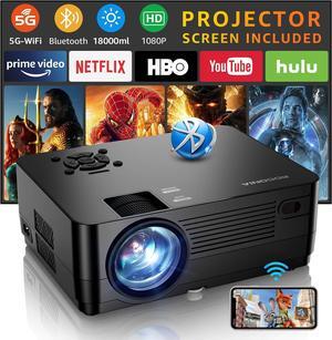 Projector with 5G WiFi and Bluetooth, Native 1080P Projector[Projector Screen Included], Full HD 18000LM Movie Projector, 300" Display Support 4k Home Theater, Compatible with Phone/Laptop/TV Stick