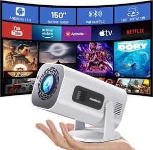 Mini Projector with WiFi and Bluetooth, 180°Adjustable Stand Smart Projector, 150" Portable Projector with Android TV 11.0, 2.4G/5G, Native 1080P, 300 ANSI Auto Keyston Outdoor/Home Movie, White