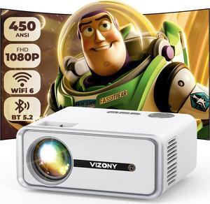 Mini Projector with WiFi and Bluetooth, 450ANSI 1080P FHD Home Movie Projector, Portable Outdoor Projector with 250" Display+Zoom, Compatible w/Phone/Laptop/DVD/TV Stick-Indoor&Outdoor