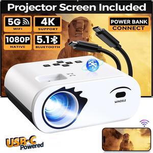 5G WiFi Bluetooth Projector, M8 Native 1080P Video Projector with USB-C Power Bank Compatibility, Portable Outdoor Projector with 84" Screen, Home Theater Mini Projector, Black& White