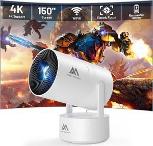 Mini Projector with Wifi and Bluetooth, 4K 1080P Supported 270° Rotatable 150'' Screen Auto Keystone Home Outdoor Projector Portable Smart Projector for Phone/TV/Laptop/HDMI, White