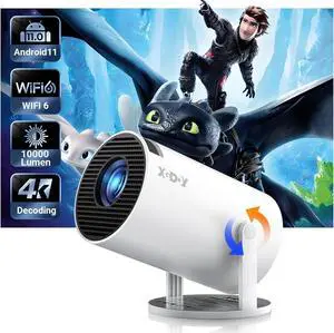 Smart Mini Projector WiFi6 Bluetooth 5.0 XGODY Gimbal 3 Protable Projector 12000L Support 4K with Android TV 11.0, Auto Keystone Correction Video Projector, 180°Rotatable Stand for Home Movie