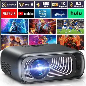 Projector with WiFi 6 and Bluetooth Dual-way, 650ANSI Native 1080P 4K Support Outdoor Movie Projector Max 300'' Display, for iOS/Android/TV Stick/HDMI/USB/Laptop