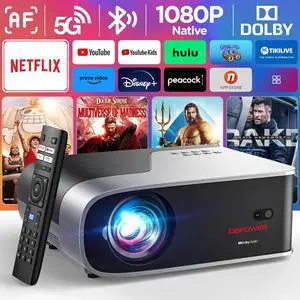 Smart Projector with 5G WiFi and Bluetooth, DBPOWER Native 1080p Projector Built-in Netflix, Youtube, Hulu, Disney+, Peacock Apps, 500ANSI Movie Projector Dolby