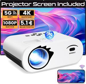 Upgraded 5G Wifi Bluetooth Projector, M8 Native 1080P Video Projector, Portable Outdoor Projector with Screen, Home Theater Mini Projector Compatible with HDMI/USB, Black & White