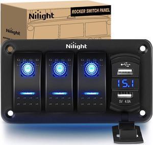 3 Gang Rocker Switch Panel with 4.8 Amp Dual USB Charger Voltmeter Waterproof 12V 24V DC Rocker Switch with Night Glow Stickers for Cars Trucks Boats RVs, 2 Years Warranty,Blue