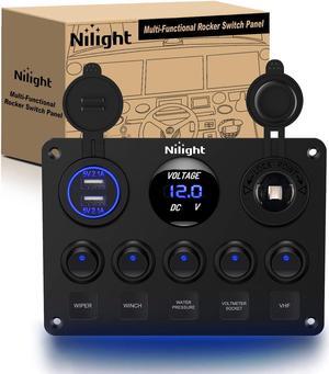 90101E 5Gang Multi-Function 5 Gang Rocker Dual USB Charger + Digital Volmeter +12V Outlet Pre-Wired Switch Panel with Circuit Breakers for RV Car Boat Truck Trailer,2 Years Warranty,Blue