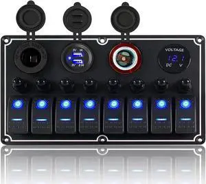 8 Gang Waterproof Multi-Function Toggle Switch Panel with Dual USB Charger+Power Socket+Voltmeter+Cigarette Lighter Socket Overload Protection,12v/24v Switch Panel for RV Marine Boat Car Vehicle Truck