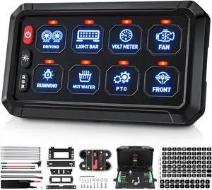 8 Gang Switch Panel RGB 5-Level Brightness Switches, Multifunction Toggle Switch Box Circuit Control Relay Momentary, High Power 3 Silicone Button for Cart Car Truck SUV RV Offroad Marine