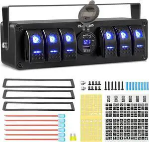 6 Gang Rocker Switch Panel Box12V-24V Aluminum Boat Marine Toggle Switch with USB and Type C Charger Voltmeter w/Fuses Waterproof Gasket for Car Pickup RV Van SUV UVT ATV