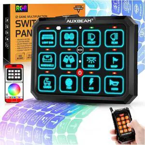 RGB 12 Gang Bluetooth Switch Panel AC-1200 w/165FT Long Range 433MHz Wireless Remote Control, Auto-Dimmable Switch Panel w/Toggle Momentary Pulsed, LED Switch Pod for Truck Car Boat Waterproof