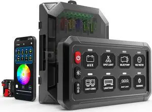 RGB 8 Gang Switch Panel, Marine Switch Panel Box, Multifunction Offroad Light Switch Panel, Wireless Auxiliary LED Switch Pod for 12V/24V Car Truck Jeep SUV Boat Marine, Waterproof, Phone Control