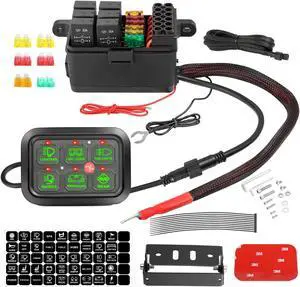 6 Gang Switch Panel, Auto Power Plus Automatic Dimmable Switch Pod Panel Circuit Control Box Relay System Universal Touch Switch Box with Harness Label Sticker for Car Marine Boat ATV UTV Truck