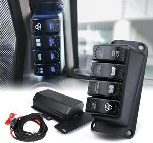 Left Side A-Pillar 4-Switch Panel Pod Distribution Control System with Blue Backlight and Relay Box, Rocker Switch Panel Kit Compatible with 2007-2018 Wrangler JK JKU