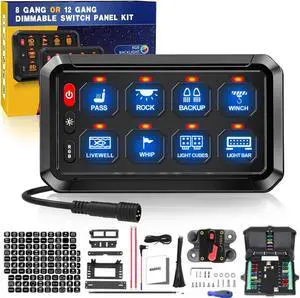 RGB 8 Gang Switch Panel 3 Silicon Button High Power 5-Level Brightness Dimmable Multifunction Switches, Auxiliary Momentary Strobe Circuit Control Box Switch for Car SUV Truck Waterproof