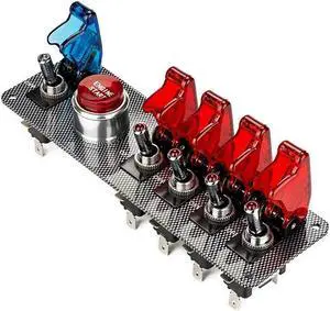 DC12V 5 in 1 Flip-Up Ignition Switch Carbon Fiber Panel Car Engine Start Push Button LED Toggle Racing Sport Competitive Car (4Red 1Blue)