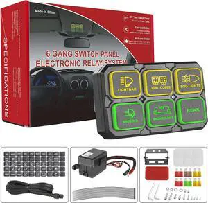 6 Gang Switch Panel - Universal Electronic Relay System for Vehicles, On-Off LED Car Switch Pod with Touch Control. Ideal for Trucks, ATVs, UTVs, Boats, Jeeps Caravans