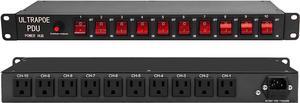 10-Outlet 1U Horizontal PDU Rack Mount Power Strip - Surge Protector,100-240V/15A/1800 Joules,for Network Servers,Power Conditioner with 10 Individual Switches and 6 ft Power Cord